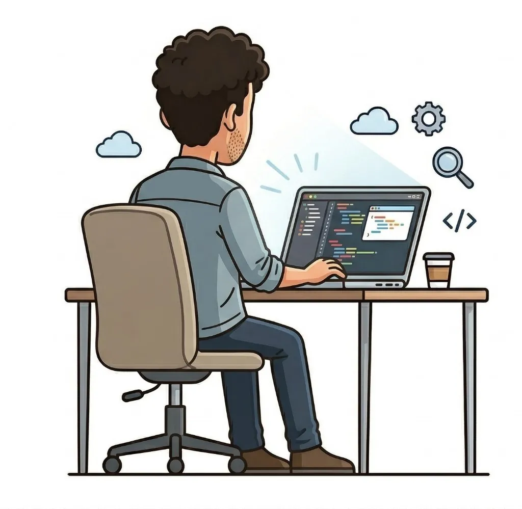 Illustrazione di Sabato Pescatore al lavoro al computer