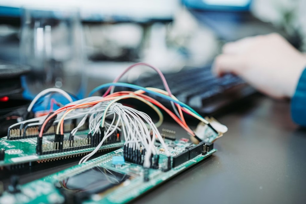Schede elettroniche con cablaggio jumper e tastiera sullo sfondo, contesto laboratorio o sviluppo hardware