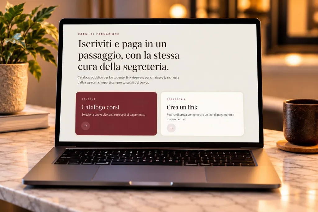 Catalogo corsi e pagamenti online su laptop