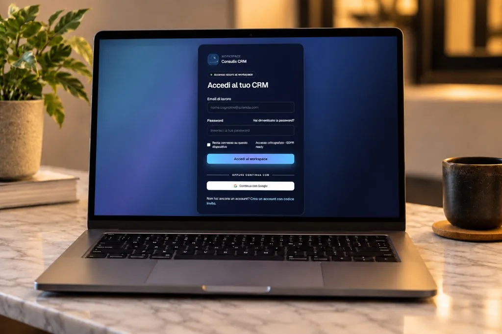 Laptop con la schermata di accesso di Consulix CRM