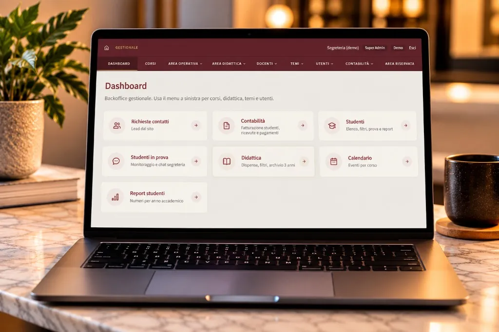 Dashboard del gestionale scolastico su laptop