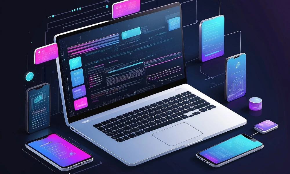 Ecosistema software: laptop al centro con interfacce su dispositivi mobili collegati