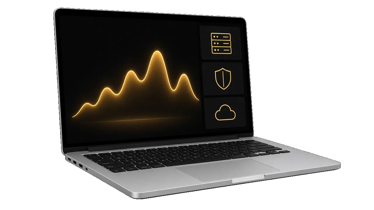 Laptop con una dashboard di monitoraggio di server, rete e backup