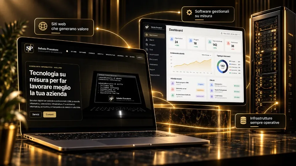 Laptop con il sito, dashboard gestionale e server, per siti web, software e infrastrutture