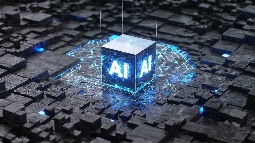 Visual 3D con cubo luminoso AI su paesaggio digitale, a tema intelligenza artificiale e infrastruttura dati