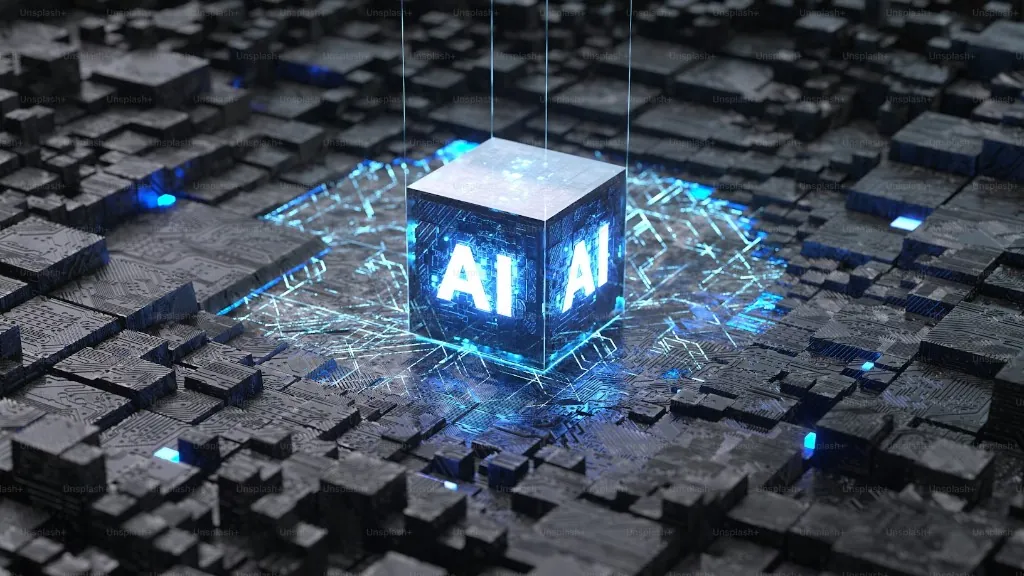 Cubo luminoso con la scritta AI su un circuito digitale