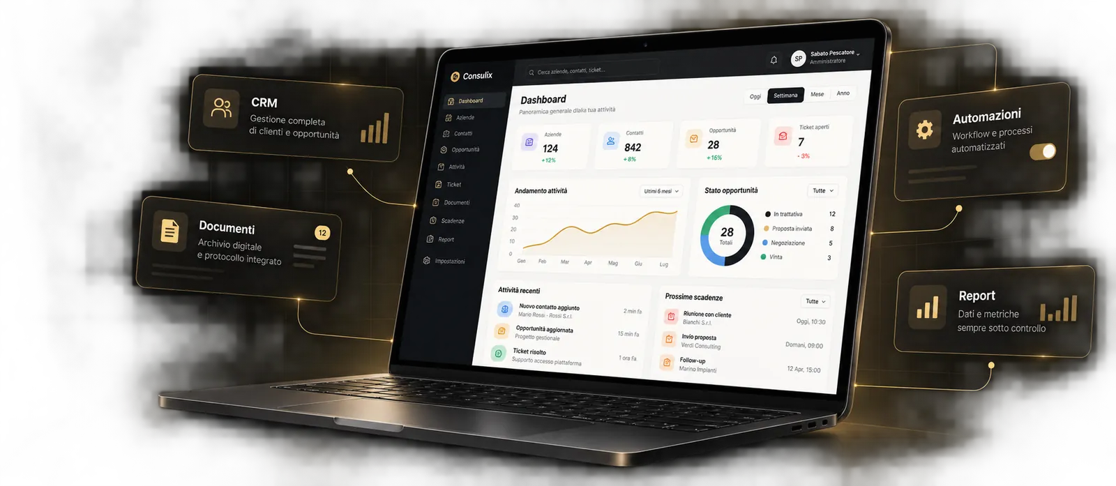 Laptop con la dashboard Consulix e i moduli CRM, documenti, automazioni e report