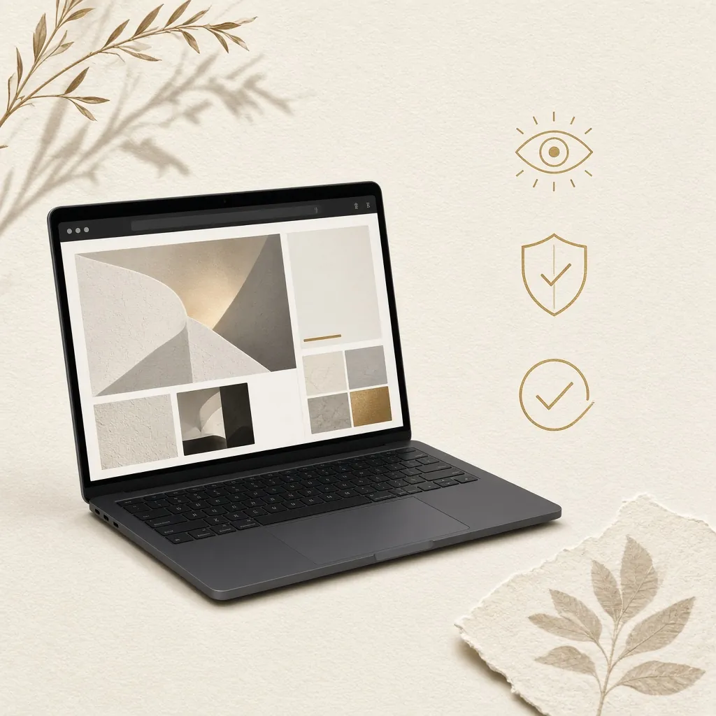 Laptop con un sito in palette crema e oro, accanto a icone di visibilità, sicurezza e controllo